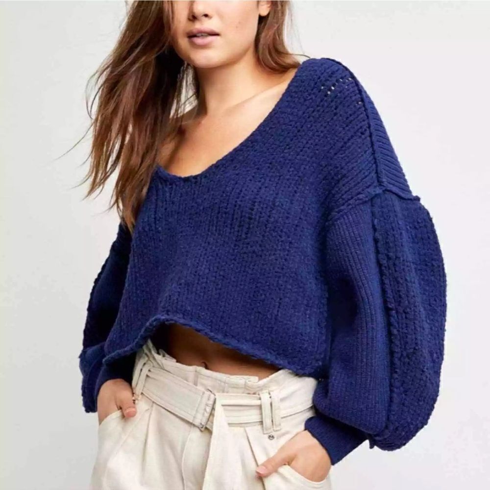 Free People Vanguard Blue Pullover Chunky Knit Cropped Sweater L